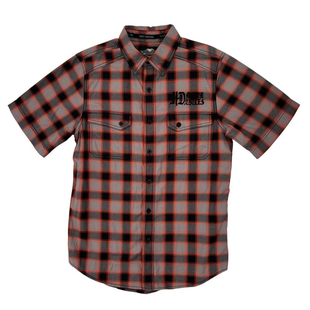 Harley Davidson Plaid Short Sleeve Shirt Mens Medium Embroidered Logo Biker